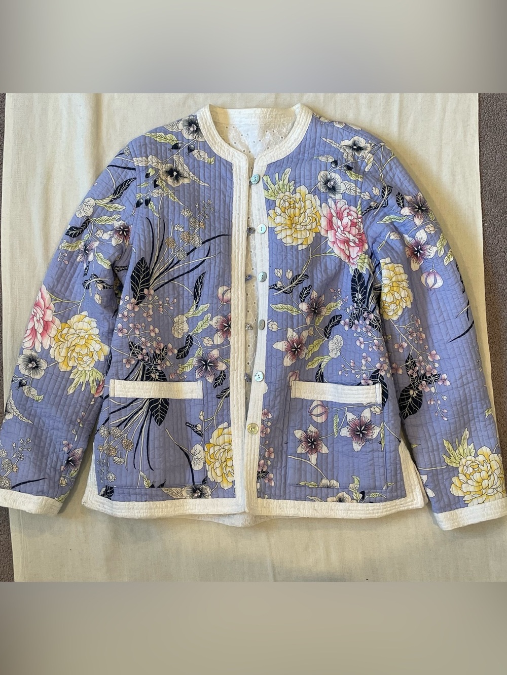 Purple and white floral reversible chore coat